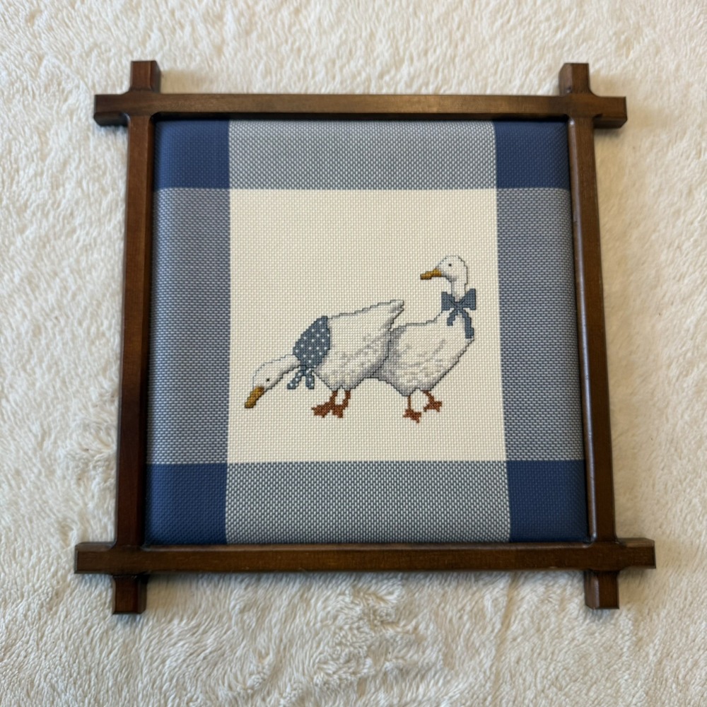 Vintage Framed Blue Goose Cross Stitch Picture Retro 80s Grannycore Cottagecore